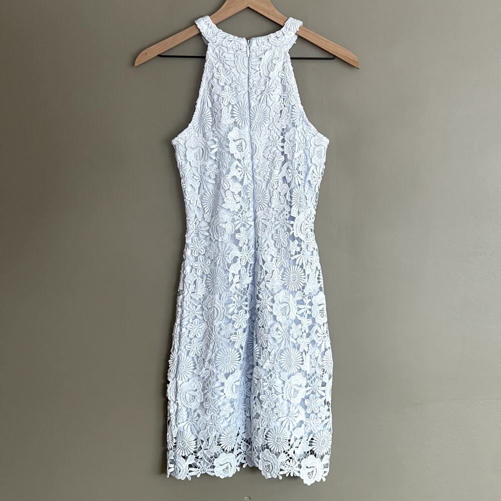 Lulu's Love Poem Light Blue Lace Mini Dress Size Small Halter Crochet Cocktail‎ - Picture 12 of 16